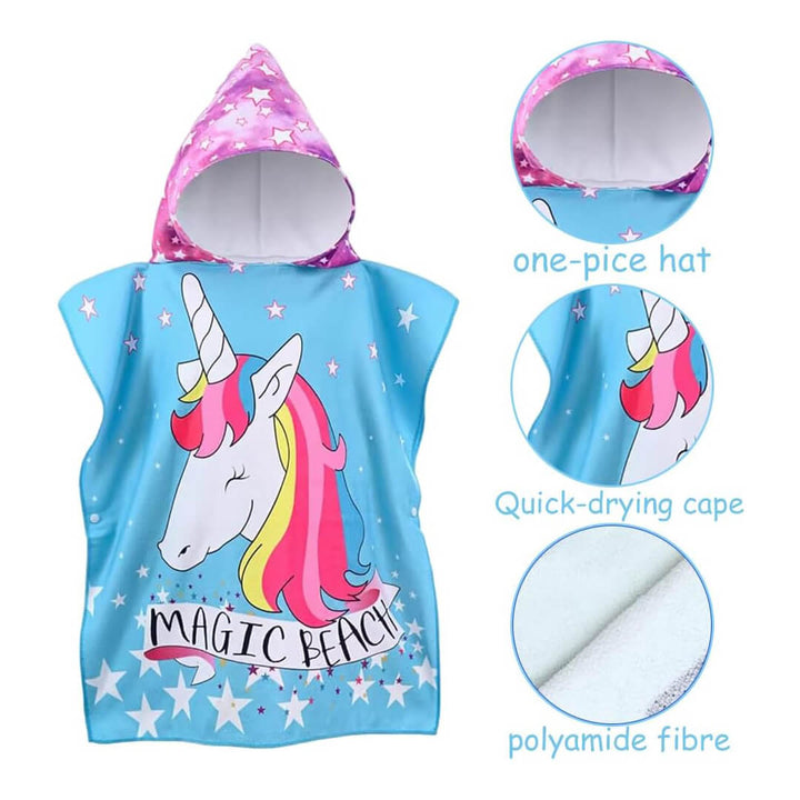 Girls' Microfiber hooded beach towels, blue unicorn, detailed shot.