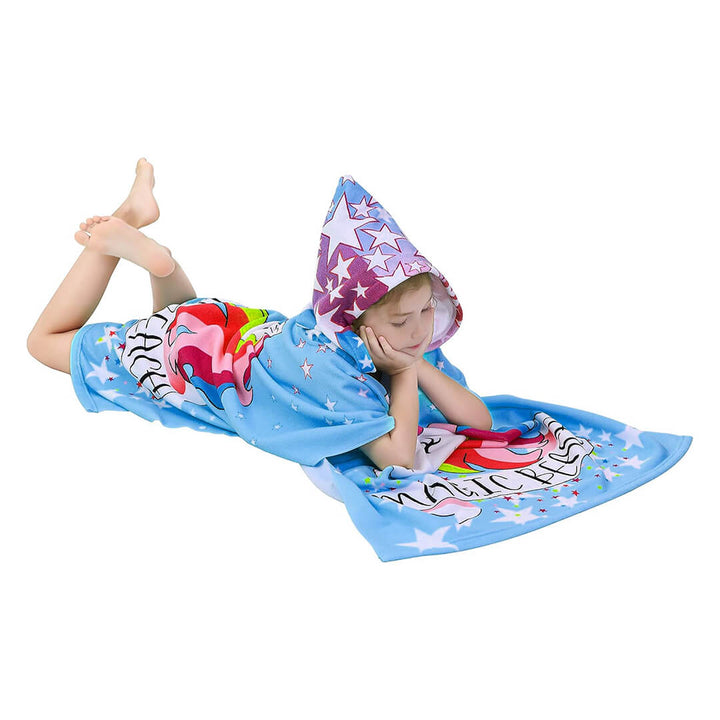 Girl wearing the Microfiber hooded beach towels, blue unicorn