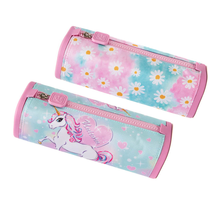 Pink pencil case with unicorn & floral print for girls