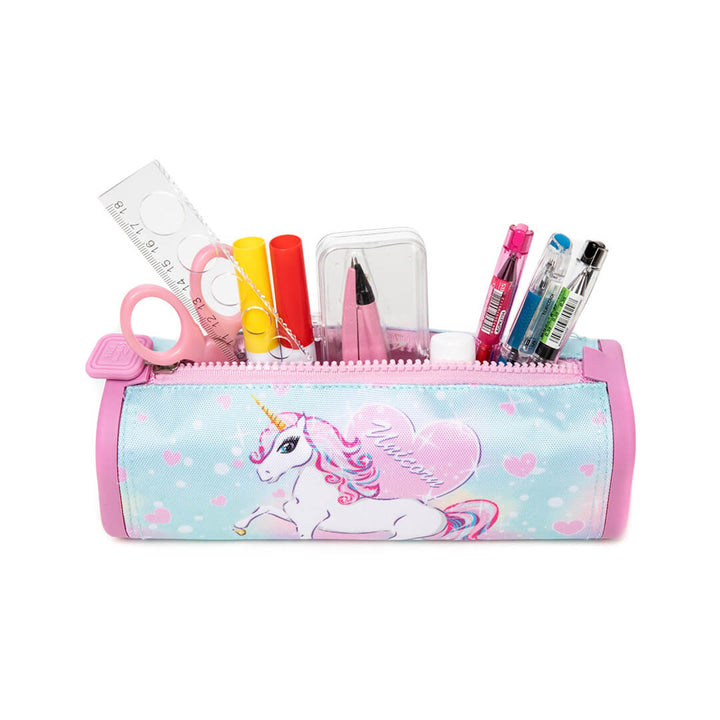 Unicorn-themed pencil case with stationery items inside