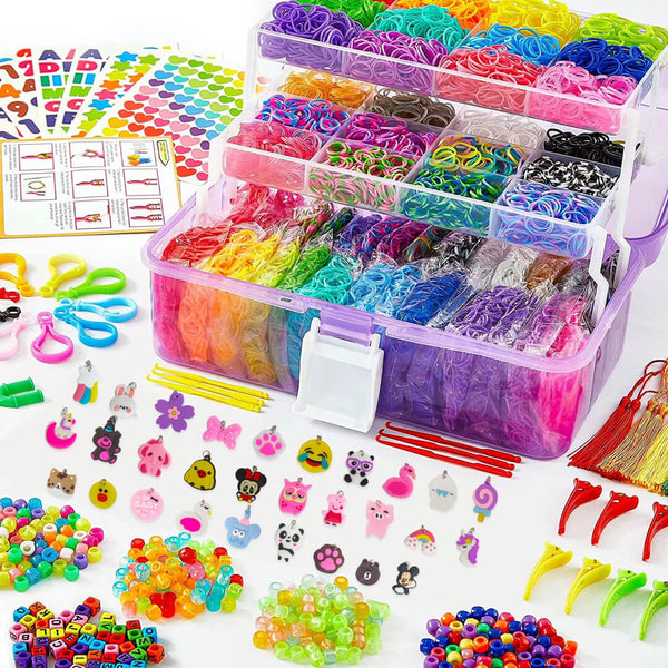 Girls rubber band bracelet making kit with colorful beads and charms