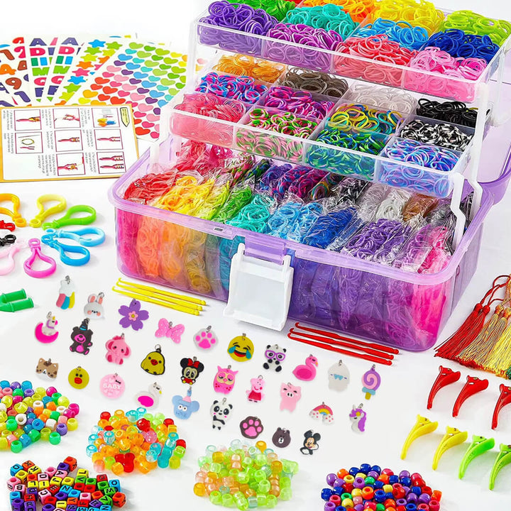 Girls rubber band bracelet making kit with colorful beads and charms