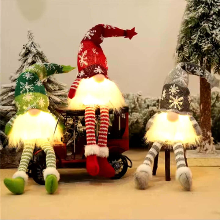 Striped gnome decorations in red, green, and grey