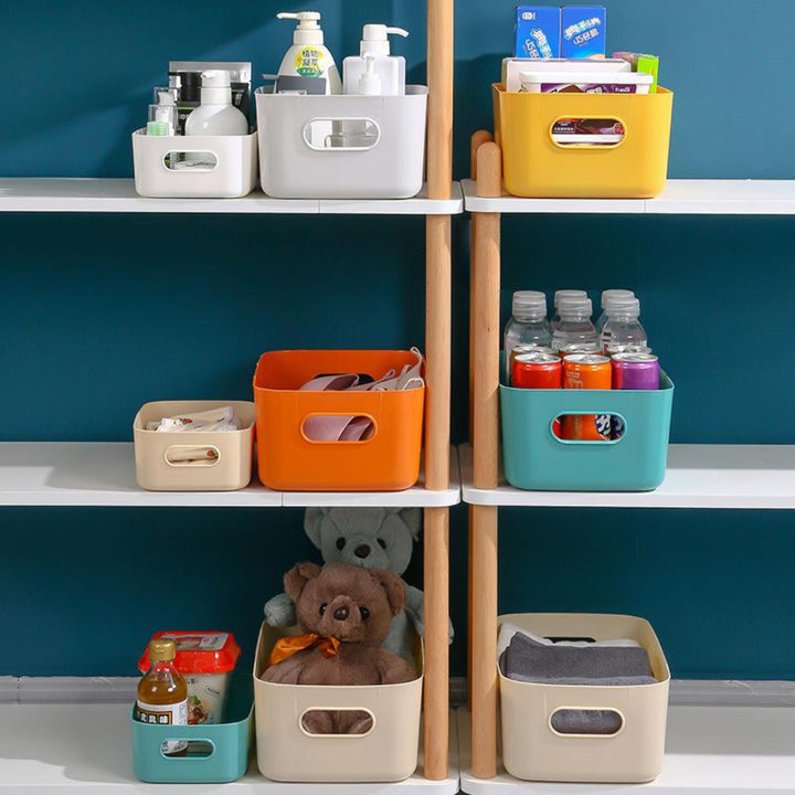 Multifunctional Handled Plastic Storage Box on the shelves.