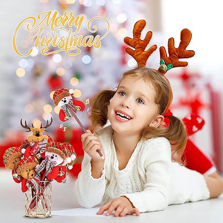 Holiday writing pens featuring plush characters and tiny bells