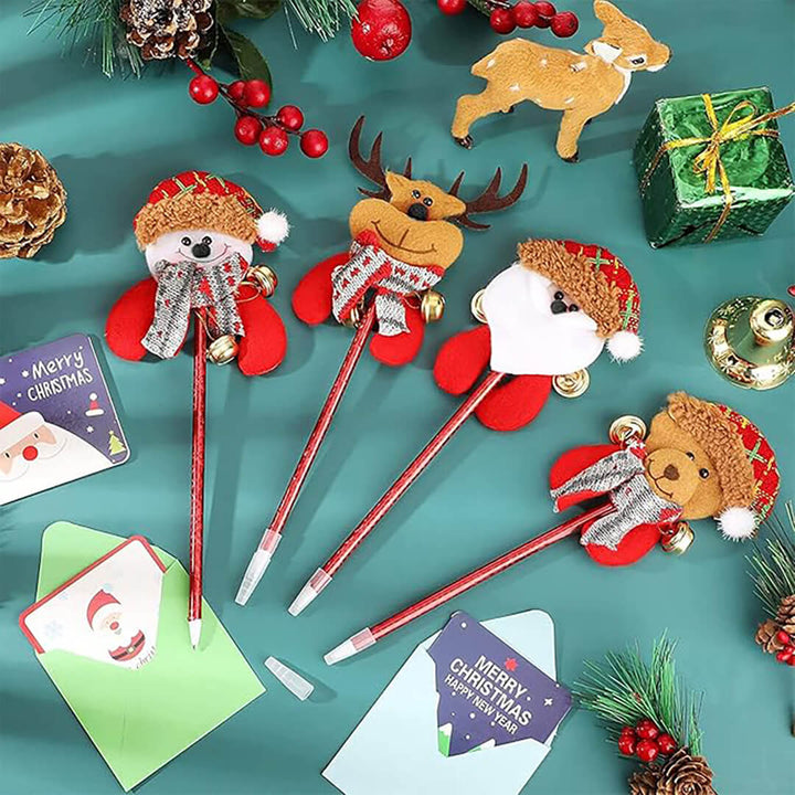 Christmas ballpoint pens with jingling bells in santa, reindeer, snowman and bear designs