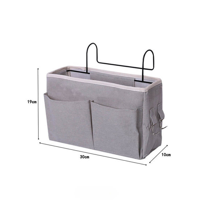Grey hanging bedside storage organizer with multi pockets, dimensions