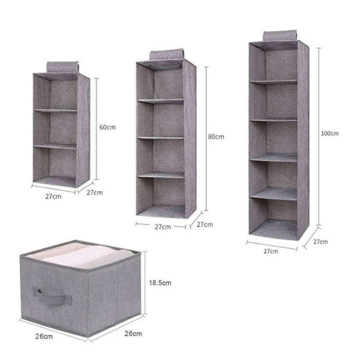 Grey fabric hanging closet organizer with 3, 4 and 5 layers, dimensions