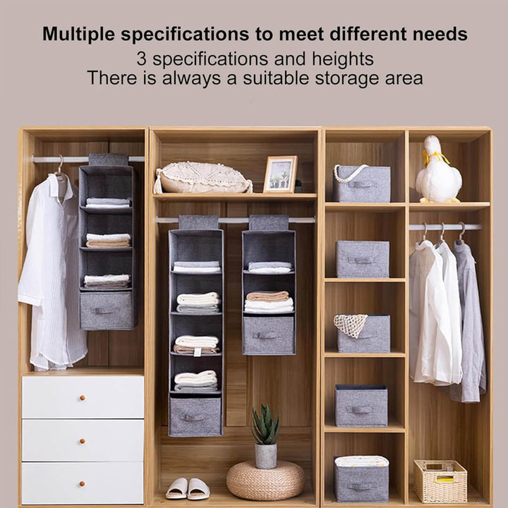 Foldable hanging wardrobe storage unit with compartments, grey