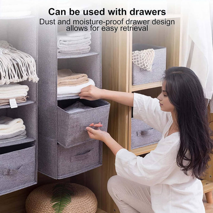 Grey fabric hanging closet organizer with 3, 4 and 5 layers, can be used with drawers