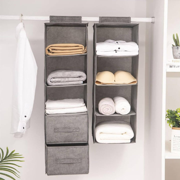 Grey fabric hanging closet organizer with drawers, 4 and 5 layers