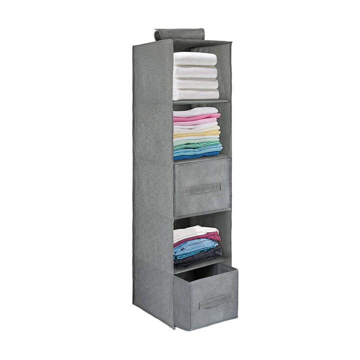Foldable hanging wardrobe storage unit with five compartments and two drawers