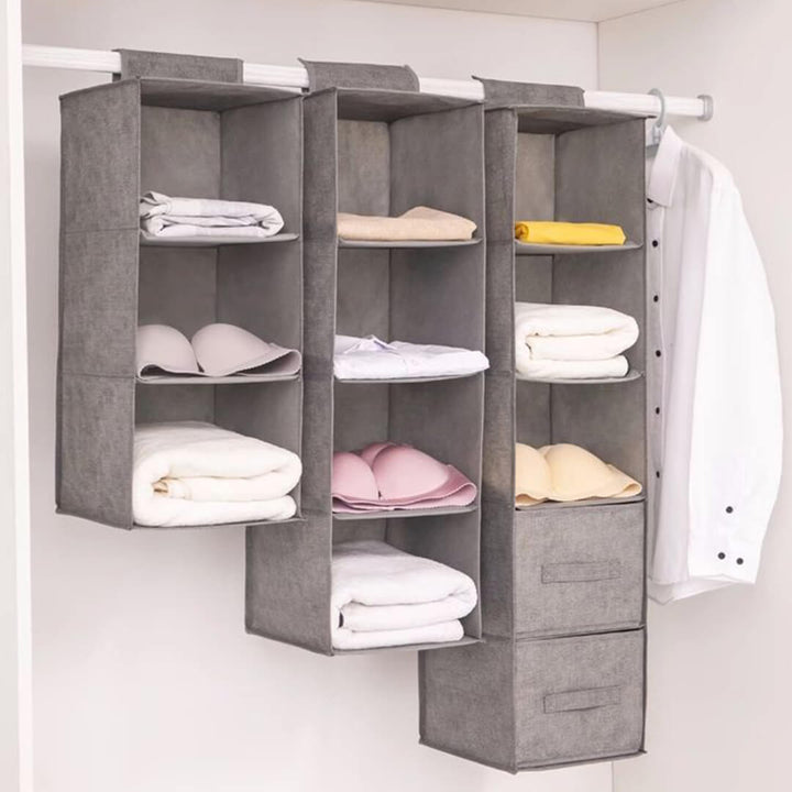 Grey fabric hanging closet organizer with three, four and five layers