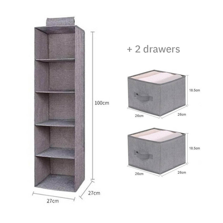 Hanging fabric organizer with five shelves and two drawers, dimensions