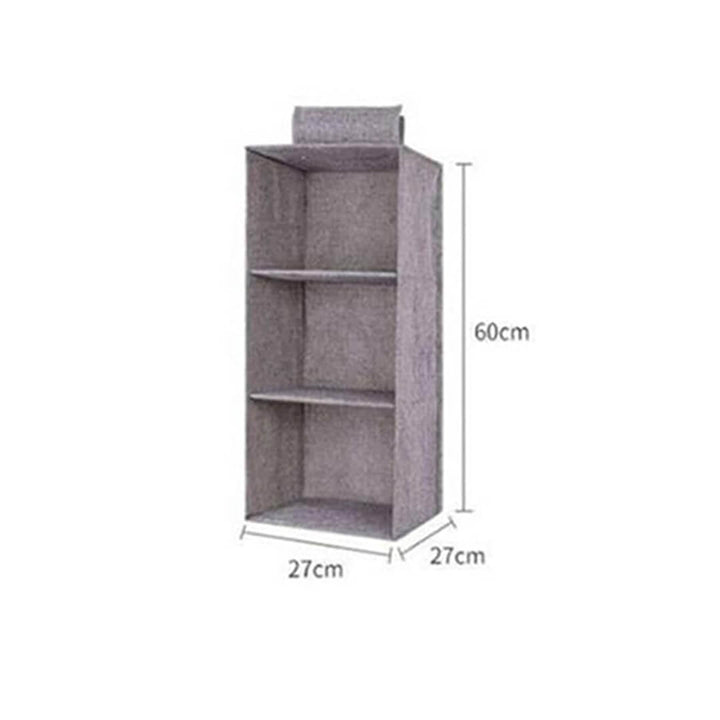 Hanging fabric organizer with three shelves, dimensions