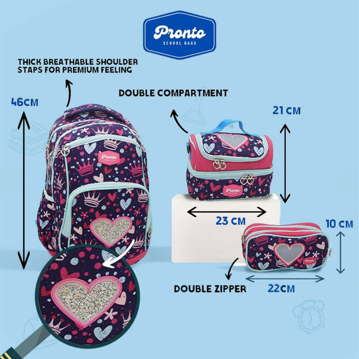 Girls 18" backpack set with glitter heart design and lunch bag, dimensions