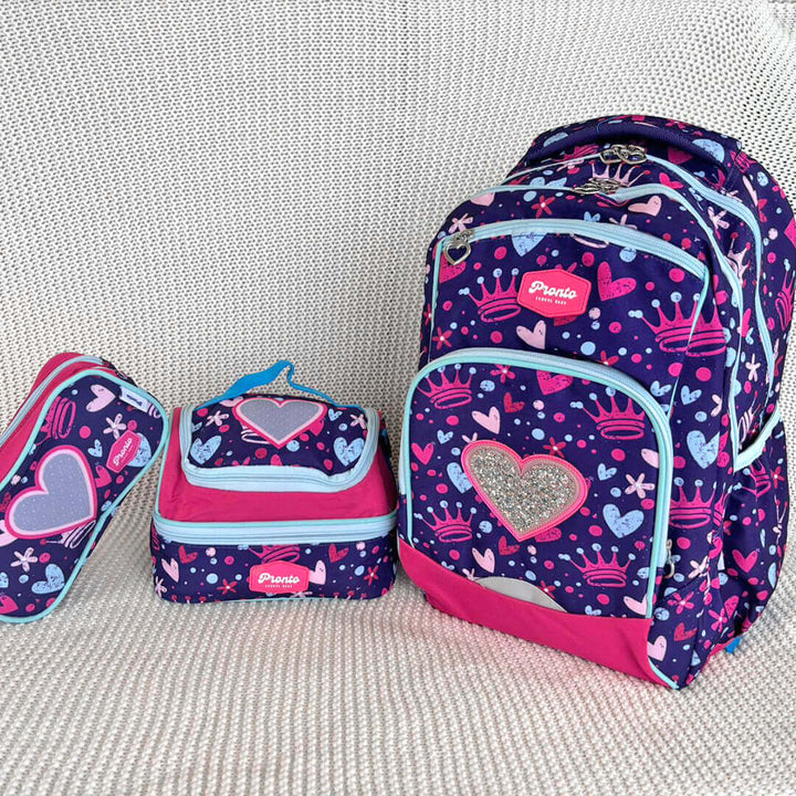 Pronto navy backpack with pink glitter hearts for girls