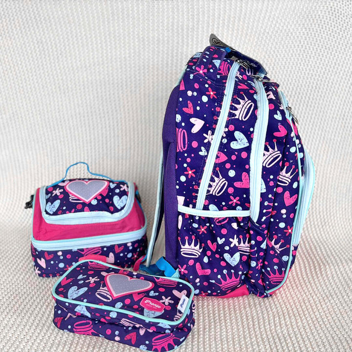 Pronto glitter heart backpack for Grade 3–7 with padded straps, side angle