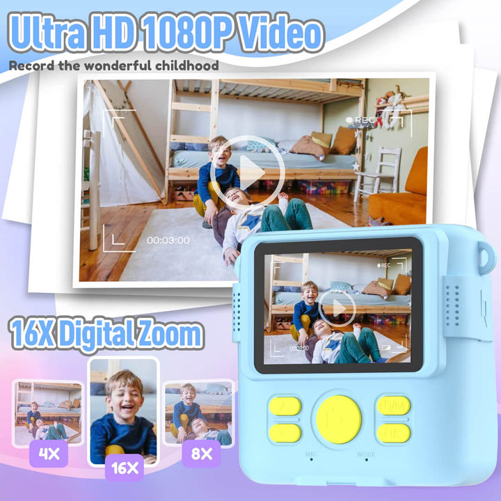 Children's video camera with digital zoom feature and recorded video on screen
