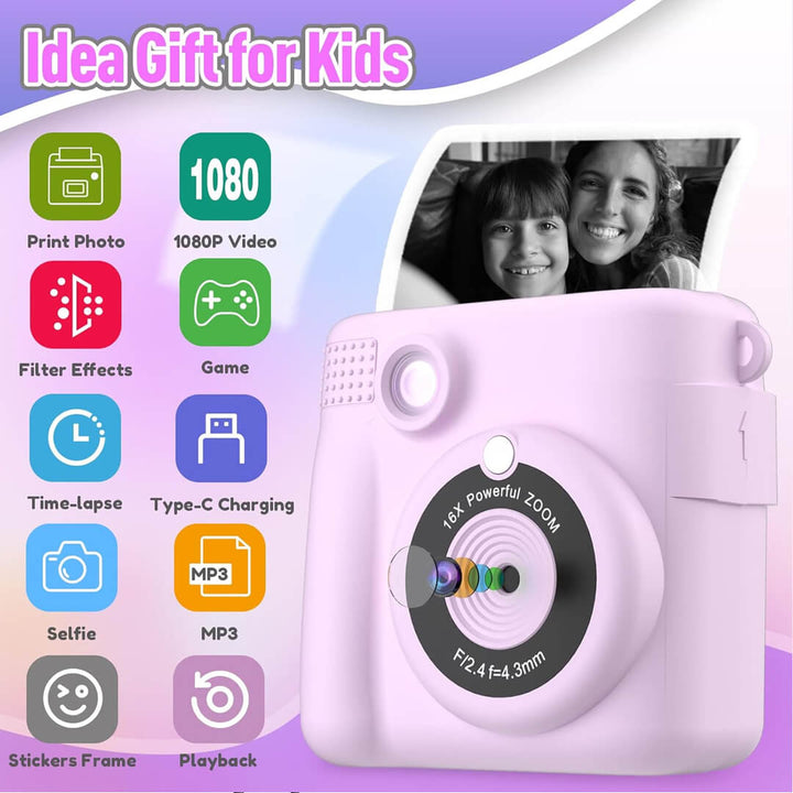 Kids instant print camera gift set with pens, lanyard, and charger