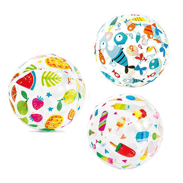 Three intex inflatable colorful beach balls with various patterns