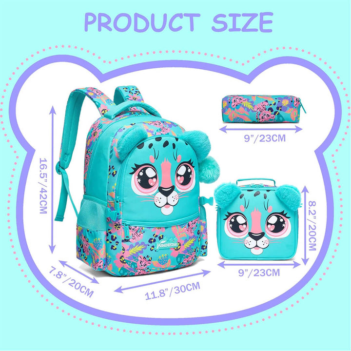 Leopard design school backpack, lunch bag, and pencil case, dimensions
