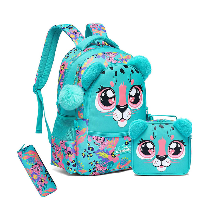 School backpack, lunch bag, and pencil case, teal Leopard design