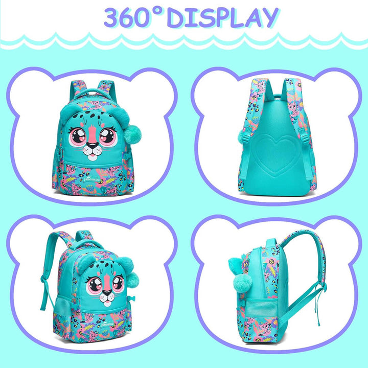 Teal backpack with cartoon face design, all angles shot