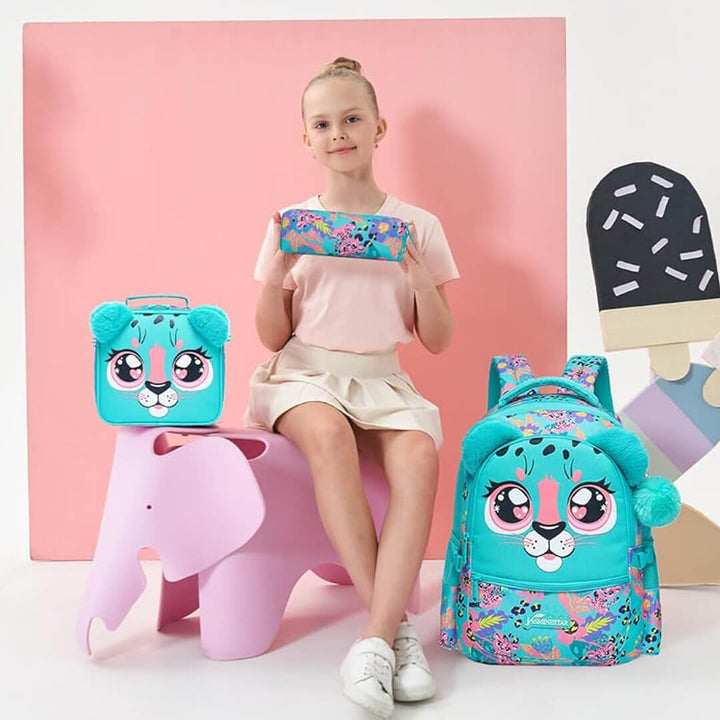 Girls 3-piece set school backpack, teal leopard design