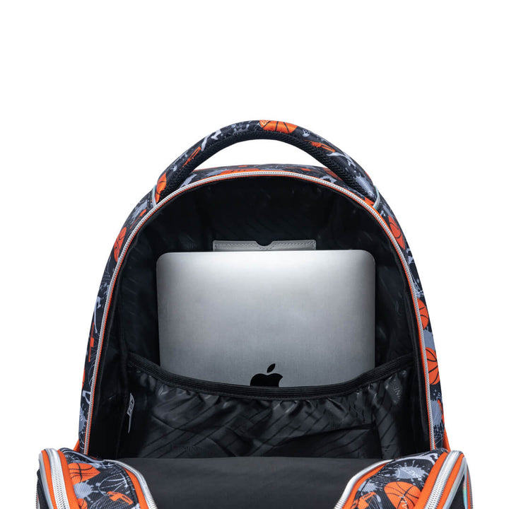 Basketball-themed backpack in orange and black with lamptop compartment