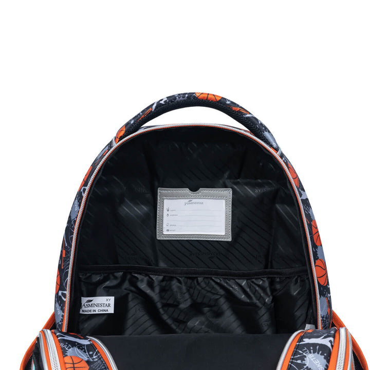 Basketball-themed backpack in orange and blackwith name tag