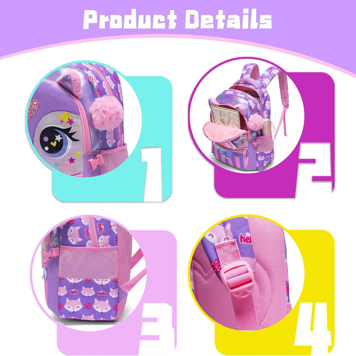 Girl's backpack with pink and purple cat pattern for elementary school