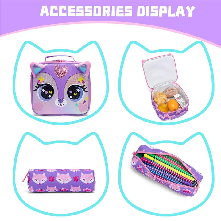 Girls waterproof school backpack with lunch bag and cat print