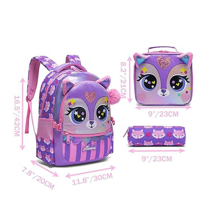 Girls waterproof school backpack with lunch bag and cat print, dimensions
