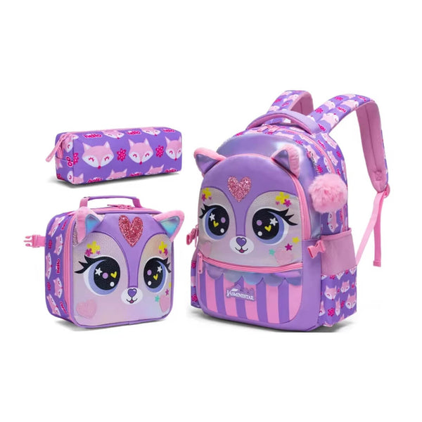Girls cartoon cat school backpack set with detachable lunch bag