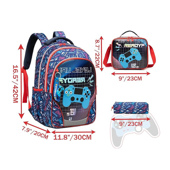 PlayStation-themed backpack, lunch bag, and pencil case set, dimensions