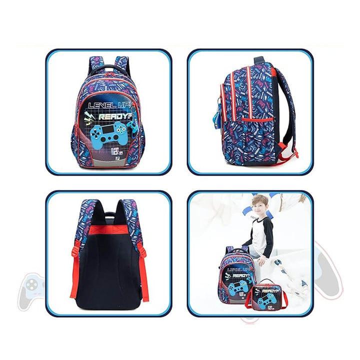 PlayStation-themed backpack, lunch bag, and pencil case set, all angles shot