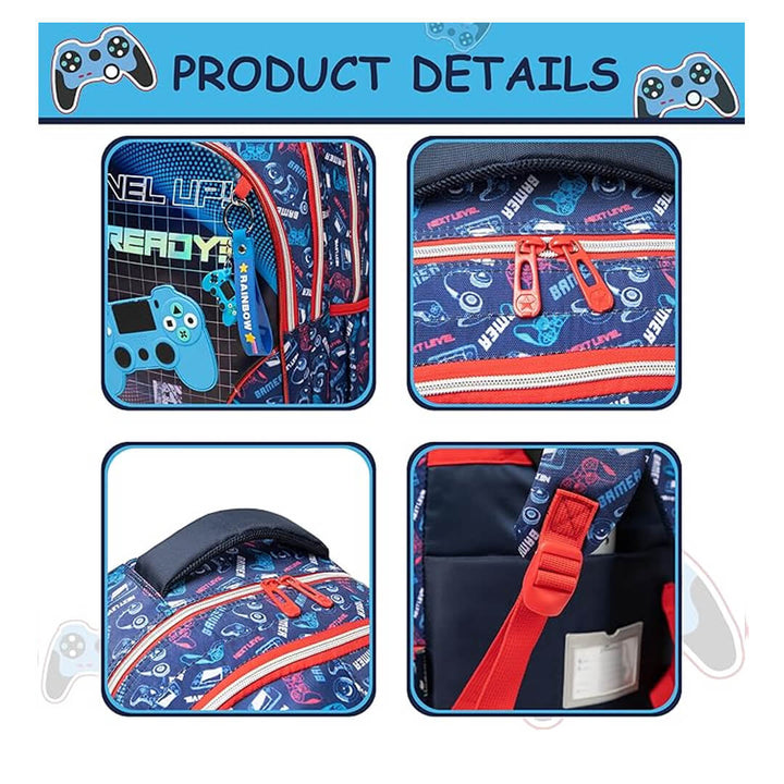 PlayStation-themed backpack, lunch bag, and pencil case set, detailed shot