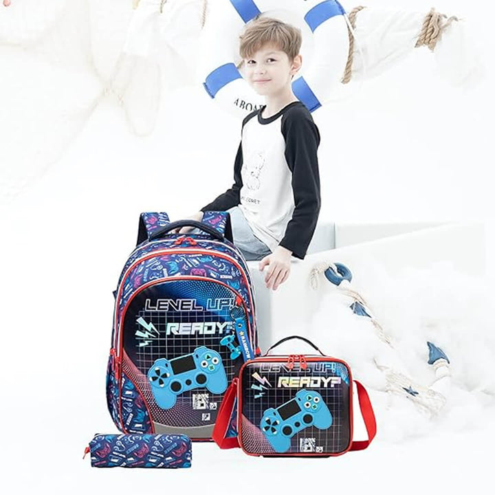 PlayStation-themed backpack, lunch bag, and pencil case set