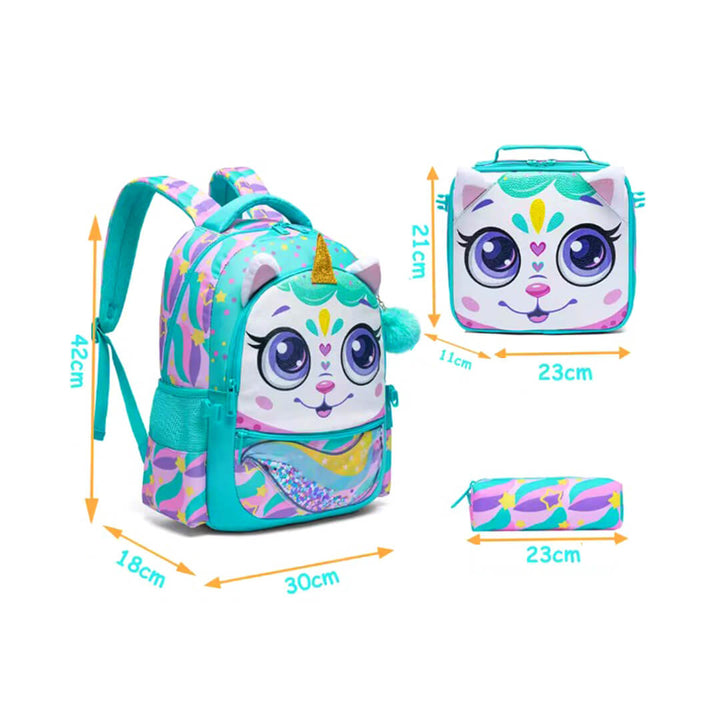 Dimensions of the teal Unicorn backpack, lunch bag, and pencil case
