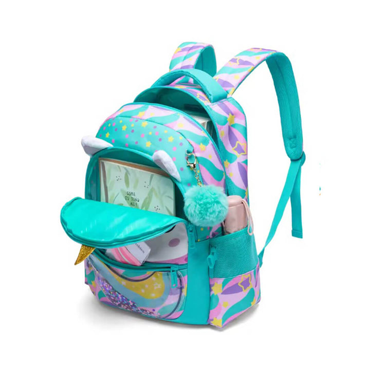 Unicorn backpack with glitter and pastel accents with books inside