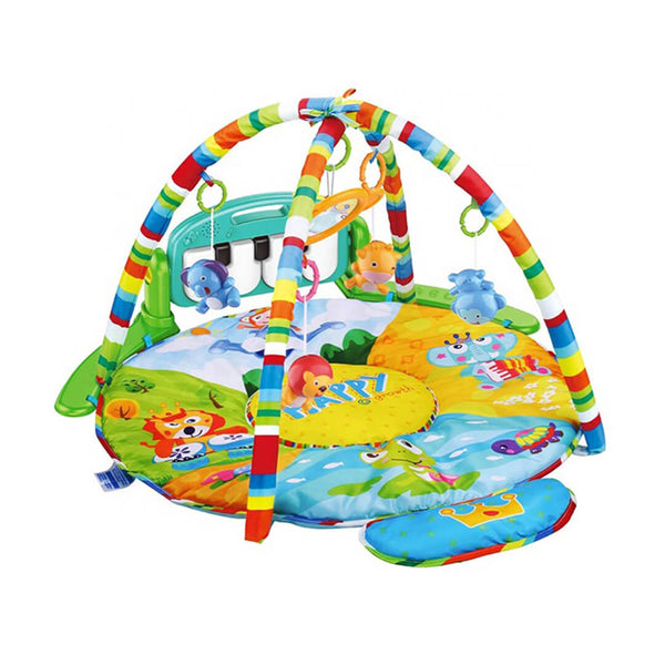Baby jungle-themed play mat with hanging animal toys and piano