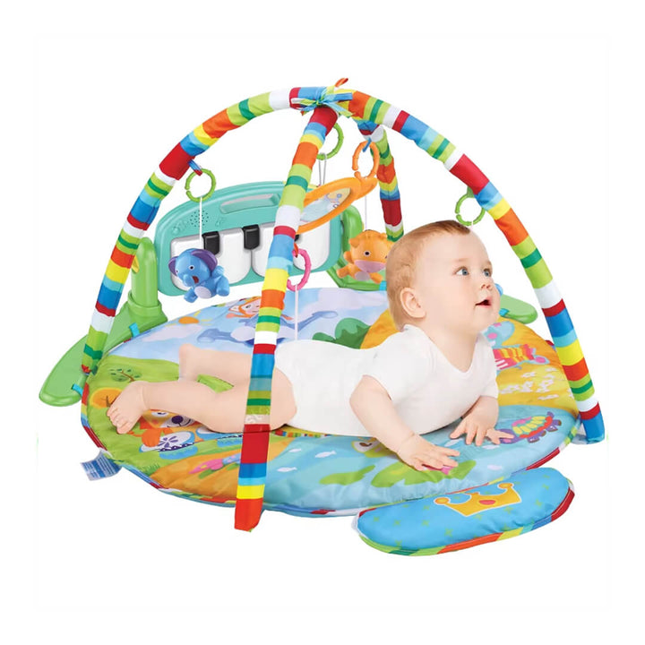Tummy time mode on jungle baby mat with soft cushioned suppor