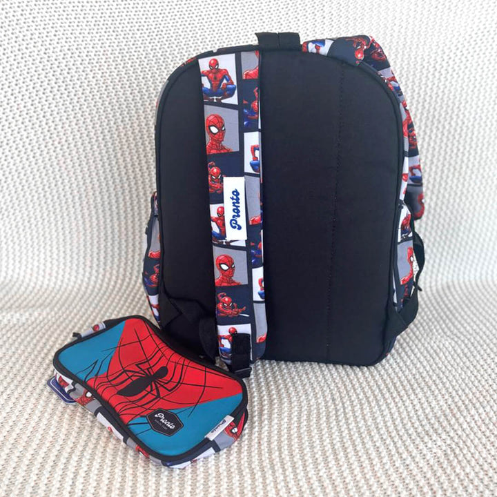 Spiderman school backpack with side pockets, back angle