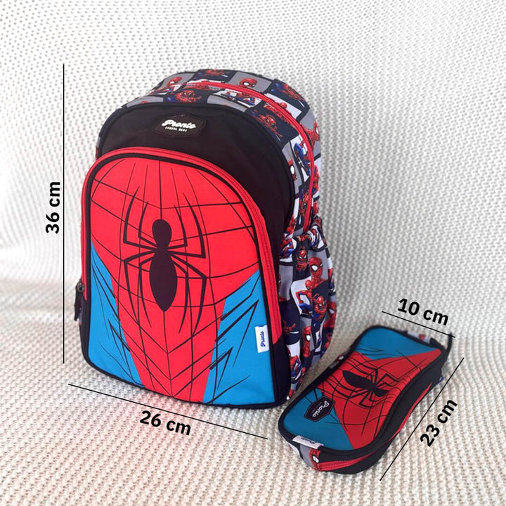 Red and blue Spiderman backpack for KG1 to KG3 students, dimensions