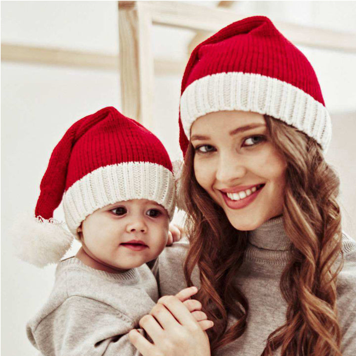 Mom and baby matching Knitted Christmas Santa red hat