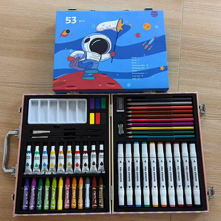 Blue astronaut art case opened showing colorful art supplies