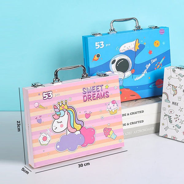 Kids art kit with astronaut and unicorn themed travel case, dimensions