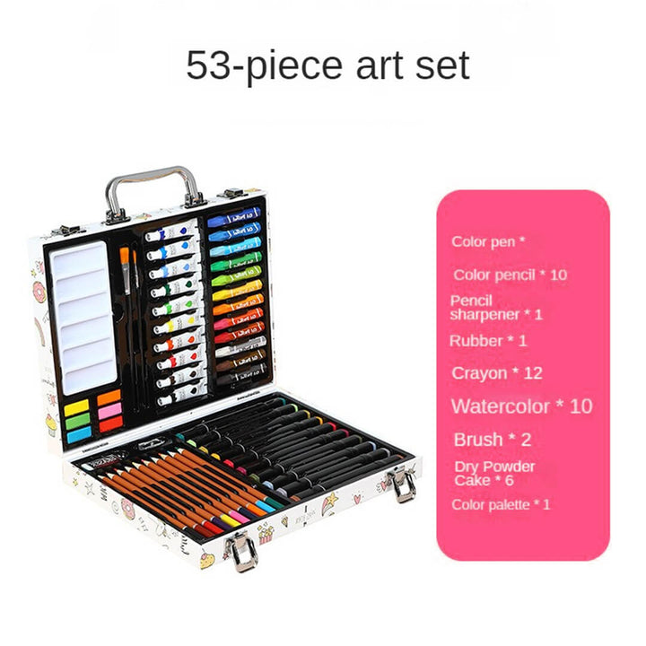 Open view of 53-piece kids art set with painting and coloring tools