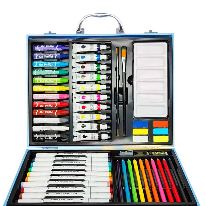 Compact art kit for kids with crayons, markers, and watercolor paints